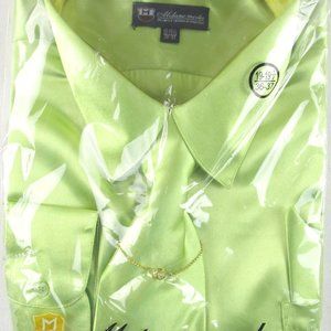 NWT Milano Moda Mens Shiny Chartreuse Satin 4 Pc Dress Shirt Set 19-19.5 (36/37)